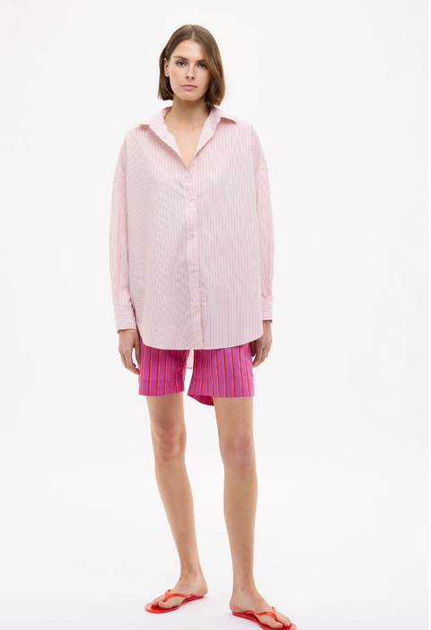 LMND Mara Oversized Long Sleeve Shirt Stripe - Primrose Pink/Natural/True Red