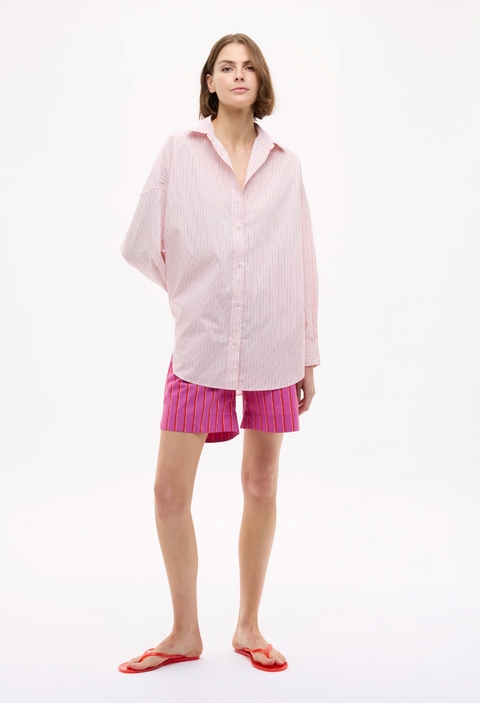 LMND Mara Oversized Long Sleeve Shirt Stripe - Primrose Pink/Natural/True Red