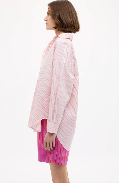 LMND Mara Oversized Long Sleeve Shirt Stripe - Primrose Pink/Natural/True Red
