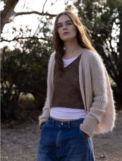 Luna Gallery Mohair Wool Diamond Crop Cardigan - Biscotti