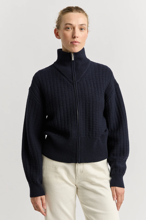 Toorallie Grid Knit Zip Through Cardigan - French Navy