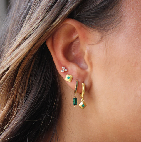 Murkani Gold Huggies with Hanging Green Quartz Baguette
