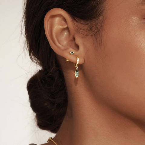 Murkani Gold Huggies with Hanging Green Quartz Baguette