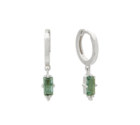 Murkani Silver Huggies with Hanging Green Quartz Baguette