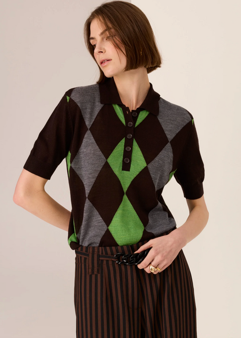 POL Clothing Meira Argyle Knit Polo - Choc/Green/Charcoal