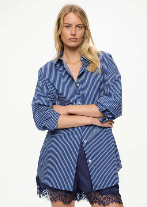 LMND Chiara Mid Length Long Sleeve Stripe Shirt - Navy/Natural
