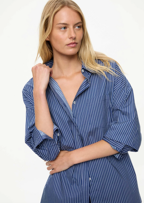 LMND Chiara Mid Length Long Sleeve Stripe Shirt - Navy/Natural