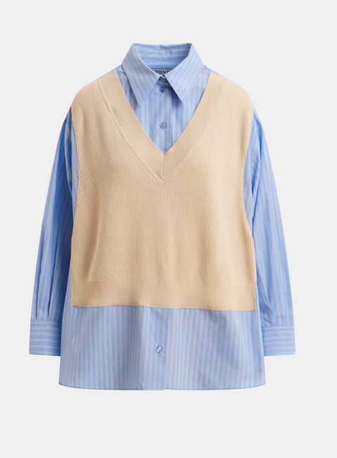 Essentiel Antwerp Jit Combo Knit Shirt - Cream/Light Blue