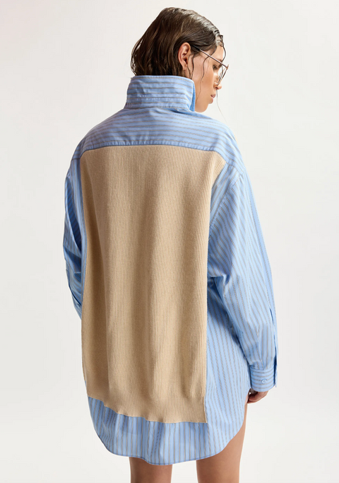 Essentiel Antwerp Jit Combo Knit Shirt - Cream/Light Blue