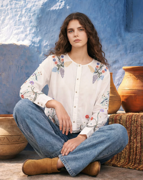 ME369 Helena Embroidered Linen Shirt - White