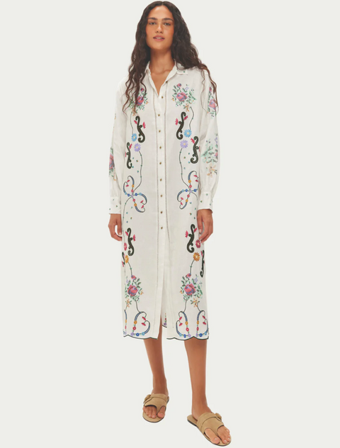 ME369 Daisy Embroidered Linen Dress - White