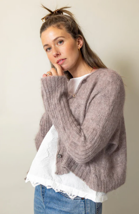 Luna Gallery Mohair Wool Diamond Crop Cardigan - Mushroom