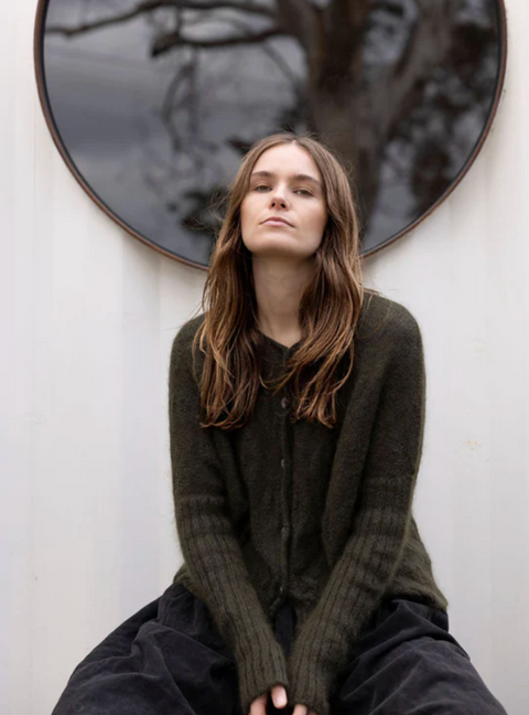 Luna Gallery Mohair Wool Diamond Crop Cardigan - Olive