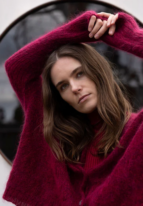 Luna Gallery Mohair Wool Diamond Crop Cardigan - Raspberry