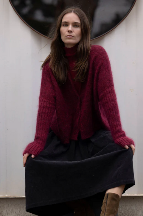 Luna Gallery Mohair Wool Diamond Crop Cardigan - Raspberry