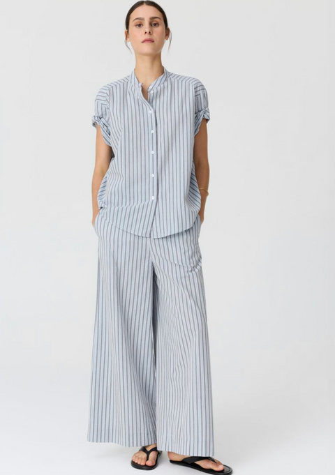 POL Clothing Bay Rolled Cuff Shirt - Blue/Choc Stripe