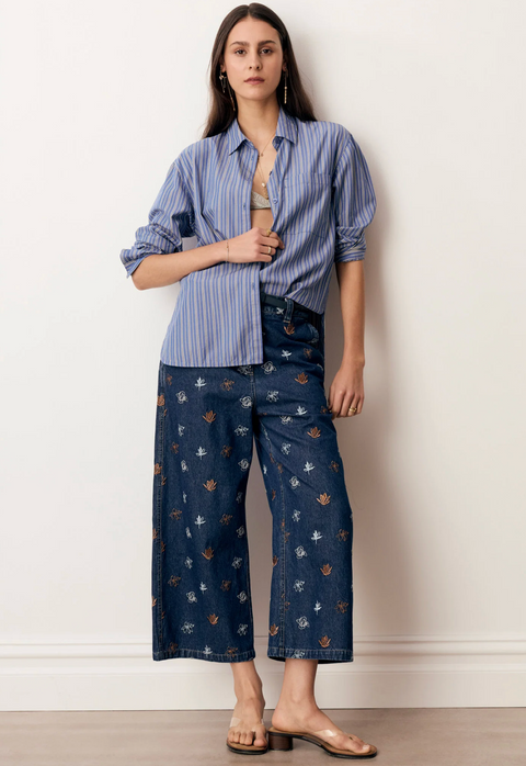 POL Clothing Gilt Embroidered Pant - Denim/Copper