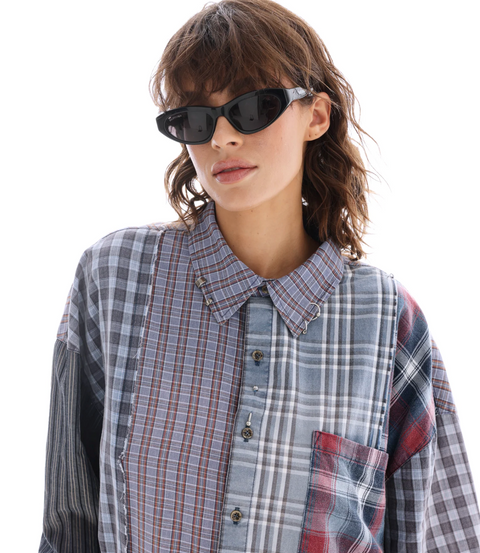 The Tales Pierced Patchwork Check Shirt - Blue