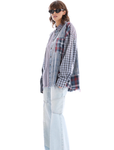 The Tales Pierced Patchwork Check Shirt - Blue