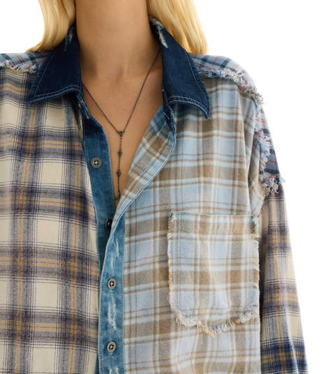The Tales Mixed Flannel and Denim Shirt - Blue