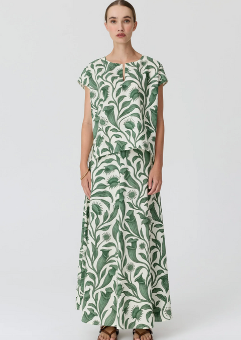 POL Clothing Botanica Contrast Back Top - Botanica Print / Green Stripe