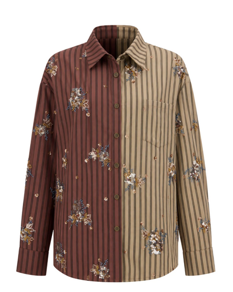 The Tales Embellished Half and Half Stripe Shirt - Brown