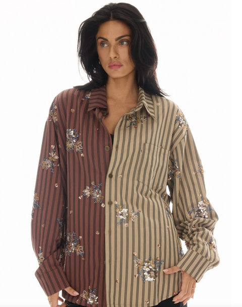 The Tales Embellished Half and Half Stripe Shirt - Brown