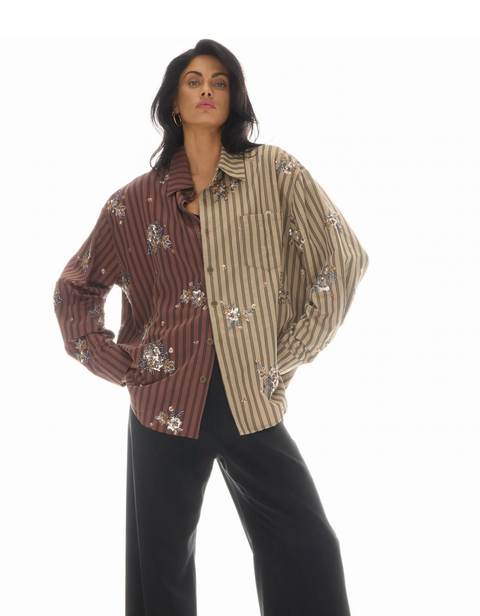 The Tales Embellished Half and Half Stripe Shirt - Brown