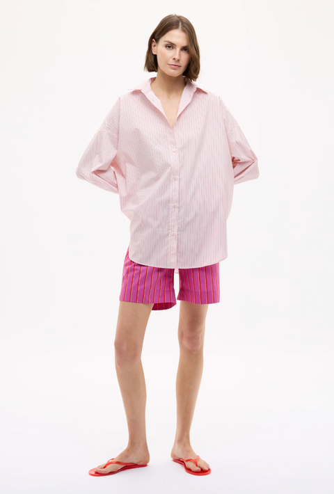LMND Mara Oversized Long Sleeve Shirt Stripe - Primrose Pink/Natural/True Red