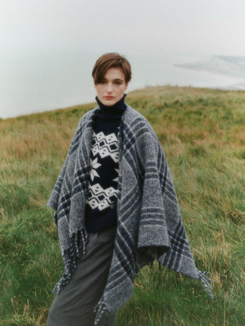 The New Society Brisa Poncho - Navy Check