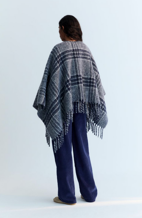 The New Society Brisa Poncho - Navy Check