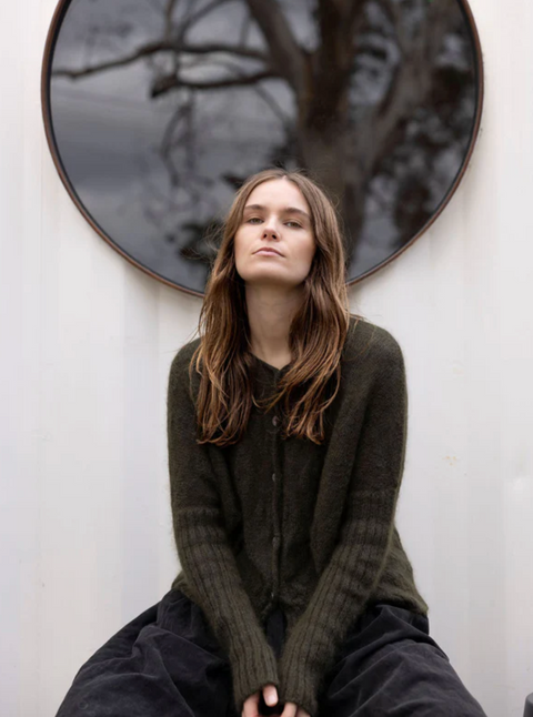 Luna Gallery Mohair Wool Diamond Crop Cardigan - Olive