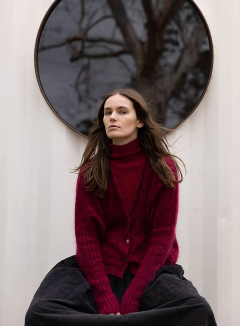 Luna Gallery Mohair Wool Diamond Crop Cardigan - Raspberry