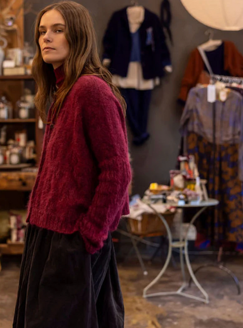 Luna Gallery Mohair Wool Diamond Crop Cardigan - Raspberry