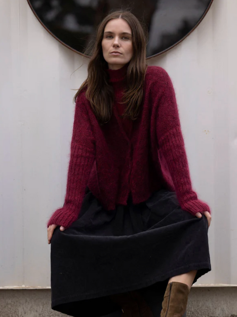 Luna Gallery Mohair Wool Diamond Crop Cardigan - Raspberry