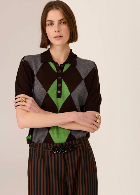POL Clothing Meira Argyle Knit Polo - Choc/Green/Charcoal