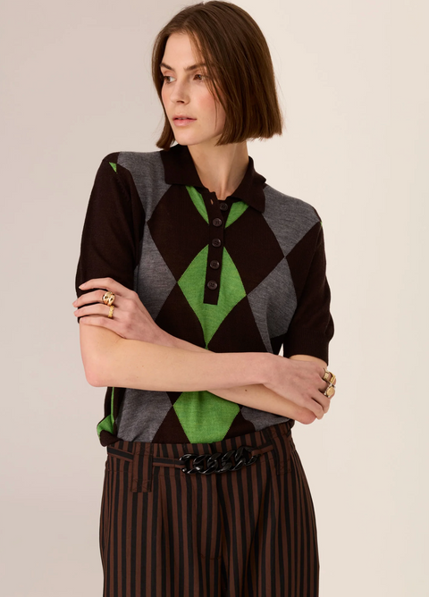 POL Clothing Meira Argyle Knit Polo - Choc/Green/Charcoal