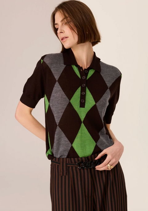POL Clothing Meira Argyle Knit Polo - Choc/Green/Charcoal