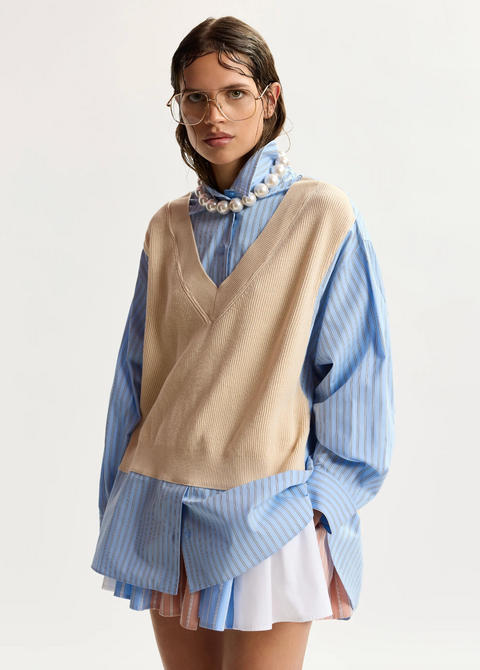 Essentiel Antwerp Jit Combo Knit Shirt - Cream/Light Blue
