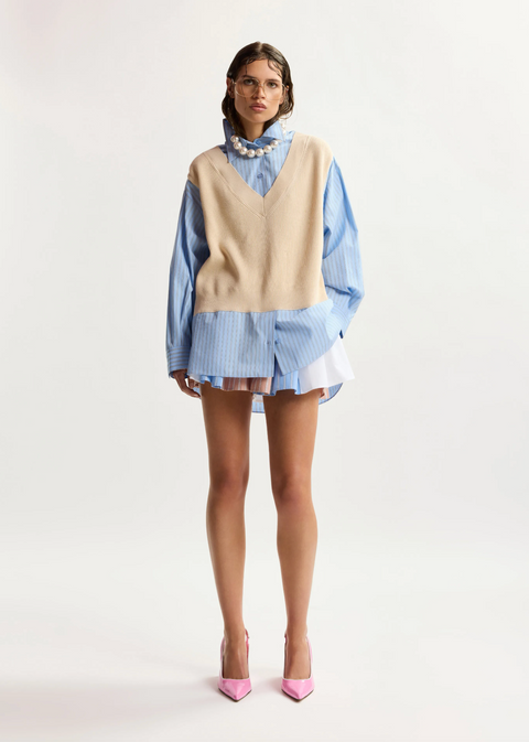 Essentiel Antwerp Jit Combo Knit Shirt - Cream/Light Blue