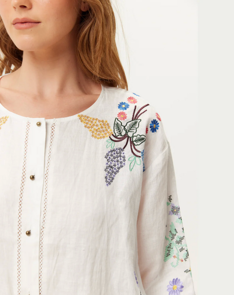 ME369 Helena Embroidered Linen Shirt - White