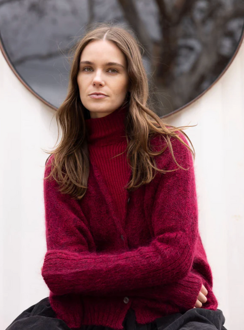 Luna Gallery Mohair Wool Diamond Crop Cardigan - Raspberry