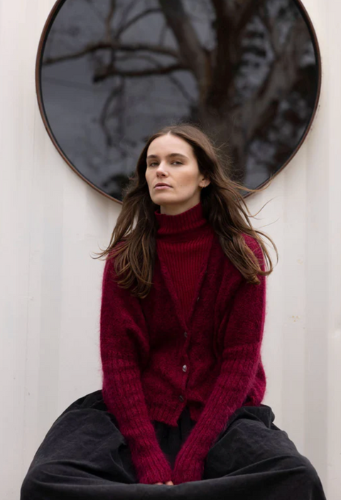 Luna Gallery Mohair Wool Diamond Crop Cardigan - Raspberry