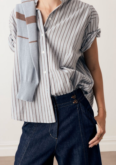 POL Clothing Bay Rolled Cuff Shirt - Blue/Choc Stripe
