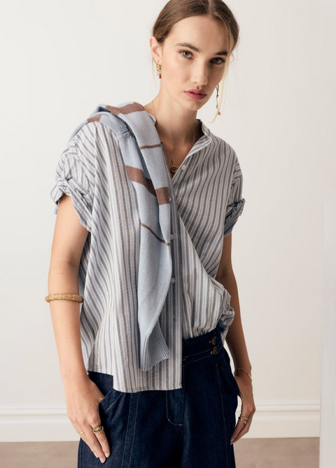 POL Clothing Bay Rolled Cuff Shirt - Blue/Choc Stripe