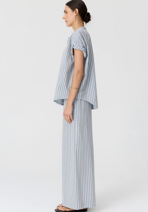 POL Clothing Bay Rolled Cuff Shirt - Blue/Choc Stripe