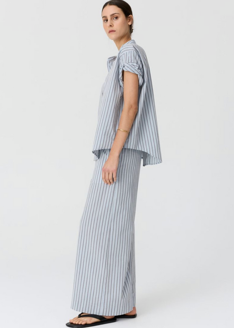 POL Clothing Bay Rolled Cuff Shirt - Blue/Choc Stripe