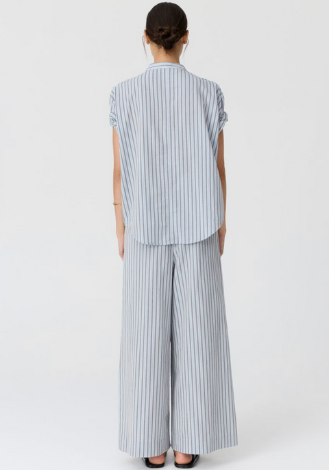 POL Clothing Bay Rolled Cuff Shirt - Blue/Choc Stripe