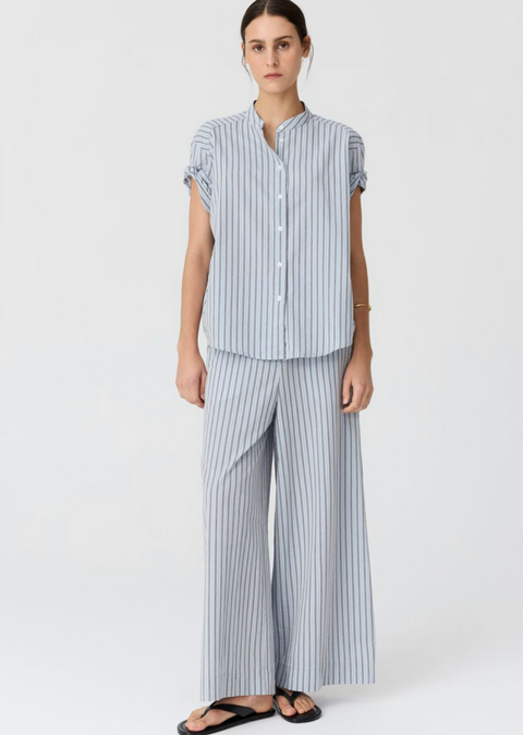 POL Clothing Bay Rolled Cuff Shirt - Blue/Choc Stripe