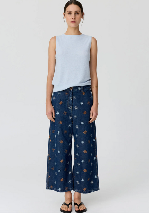 POL Clothing Gilt Embroidered Pant - Denim/Copper